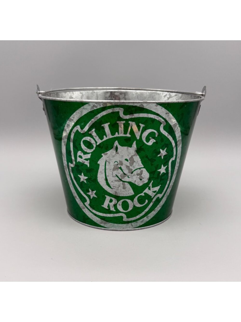 Rolling Rock Green Metal Beer Bucket & Handle 7" Tall  Ice Pail Drink Party